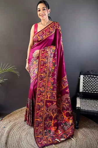 Purple festive silk ornate zari border sarees