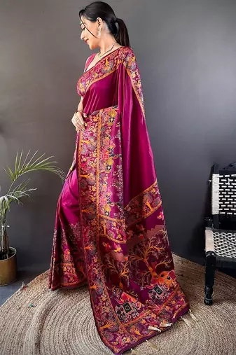 Purple festive silk ornate zari border sarees