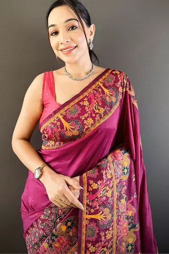 Purple festive silk ornate zari border sarees