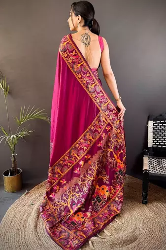 Purple festive silk ornate zari border sarees