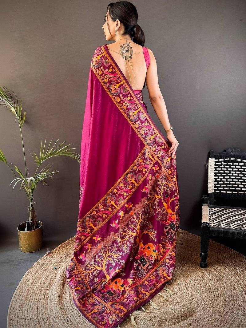 Purple festive silk ornate zari border sarees