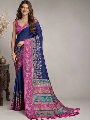 Navy blue paisley embroidered silk blend saree 1