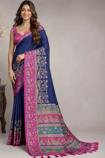 Navy blue paisley embroidered silk blend saree