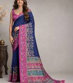 Navy blue paisley embroidered silk blend saree