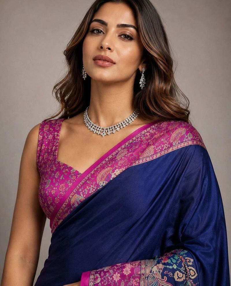 Navy blue paisley embroidered silk blend saree
