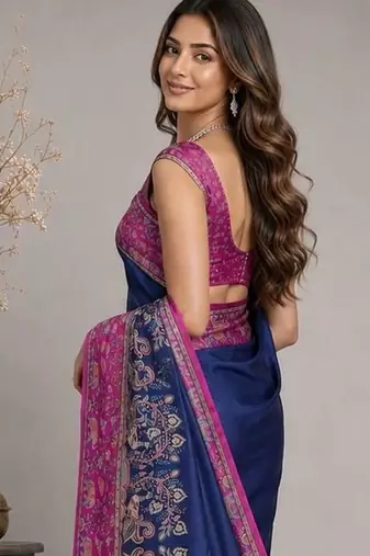 Navy blue paisley embroidered silk blend saree