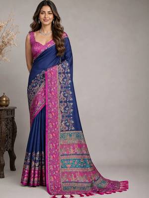 Navy blue paisley embroidered silk blend saree 4