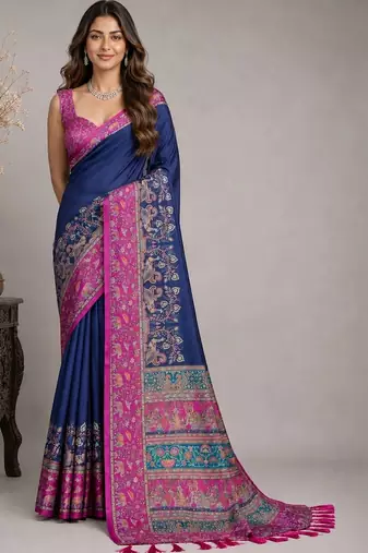 Navy blue paisley embroidered silk blend saree