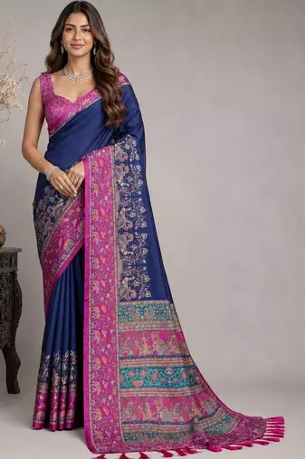 Navy blue paisley embroidered silk blend saree