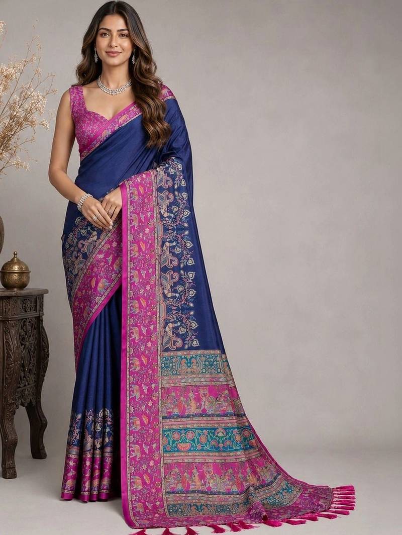 Navy blue paisley embroidered silk blend saree