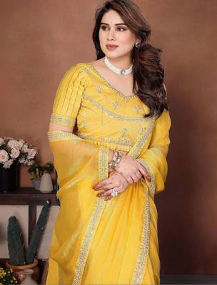 Yellow embellished saree with unstitched blouse 1