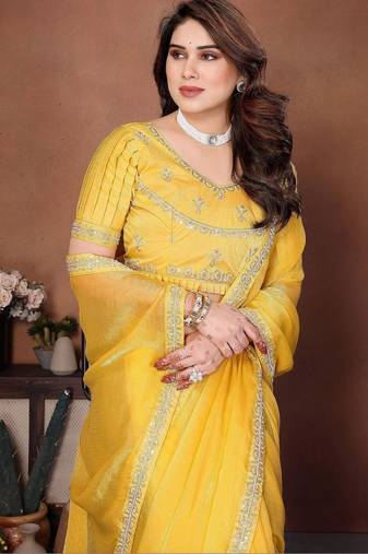 Yellow embellished saree with unstitched blouse