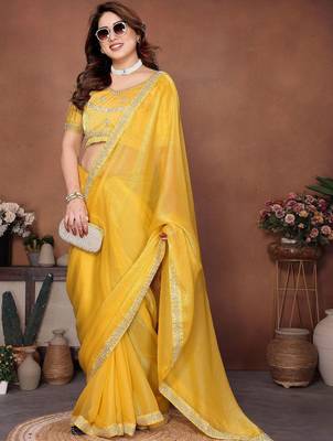 Yellow embellished saree with unstitched blouse 2