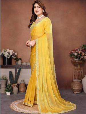Yellow embellished saree with unstitched blouse 4