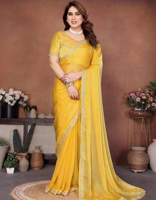 Yellow embellished saree with unstitched blouse 5