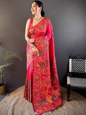 Pink festive silk ornate zari border sarees 1