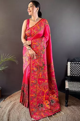 Pink festive silk ornate zari border sarees
