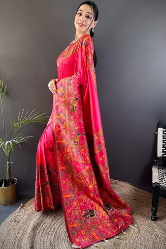 Pink festive silk ornate zari border sarees