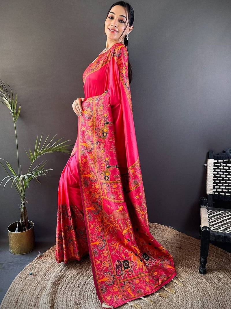 Pink festive silk ornate zari border sarees
