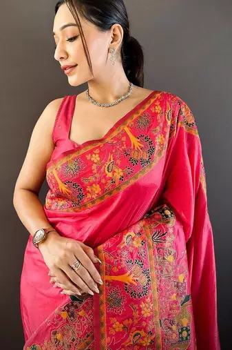 Pink festive silk ornate zari border sarees