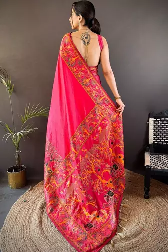 Pink festive silk ornate zari border sarees