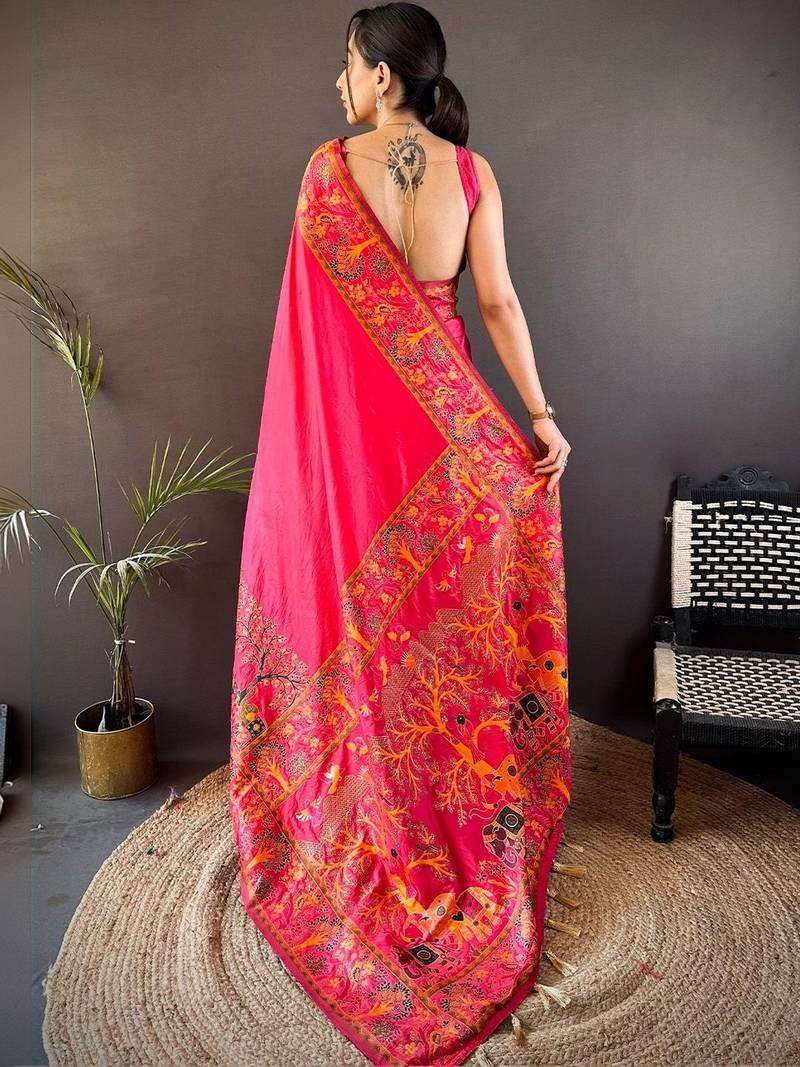 Pink festive silk ornate zari border sarees