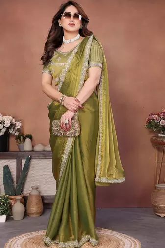 Green embellished saree with unstitched blouse