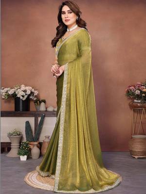 Green embellished saree with unstitched blouse 4