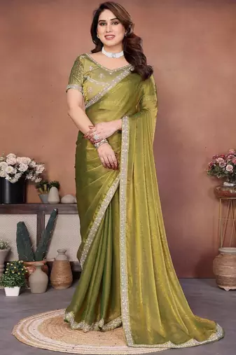 Green embellished saree with unstitched blouse
