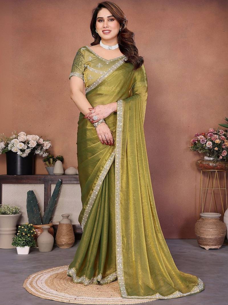 Green embellished saree with unstitched blouse