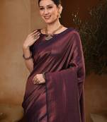 Purple women ethnic motifs woven design kanjeevaram saree