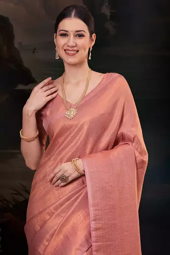 Peach women ethnic motifs woven design kanjeevaram saree