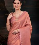Peach women ethnic motifs woven design kanjeevaram saree
