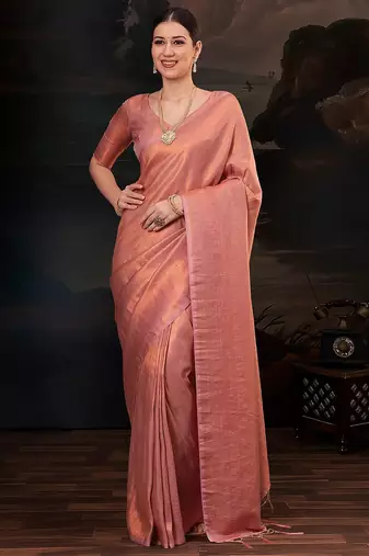 Peach women ethnic motifs woven design kanjeevaram saree