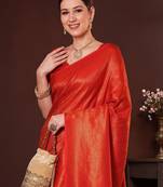 Orange ethnic motifs zari silk blend designer kanjeevaram saree