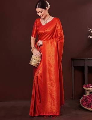 Orange ethnic motifs zari silk blend designer kanjeevaram saree 3