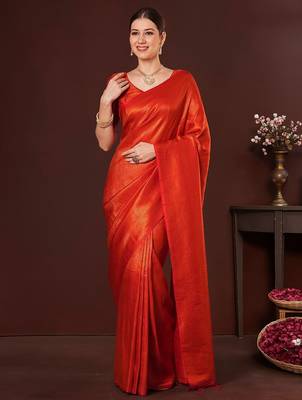 Orange ethnic motifs zari silk blend designer kanjeevaram saree 4