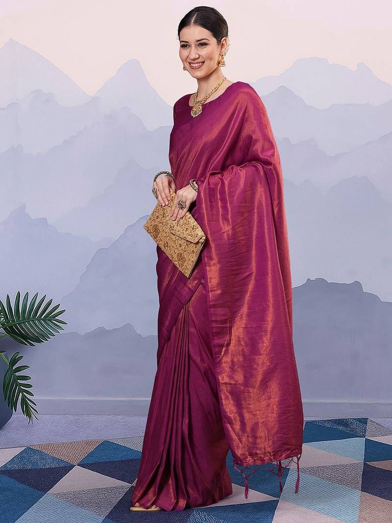 Magenta ethnic motifs zari silk blend designer kanjeevaram saree