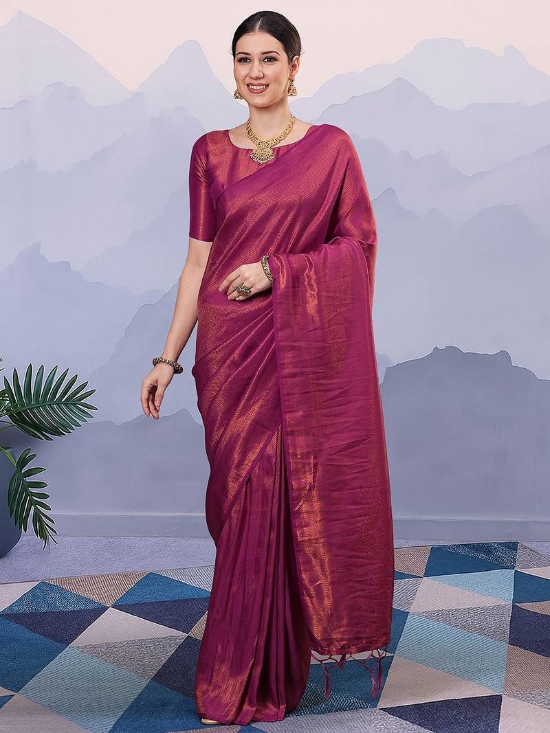 Magenta ethnic motifs zari silk blend designer kanjeevaram saree