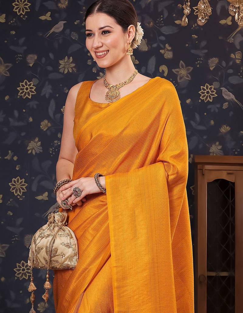 Mustard woven design zari silk blend kanjeevaram saree