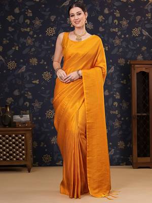 Mustard woven design zari silk blend kanjeevaram saree 4