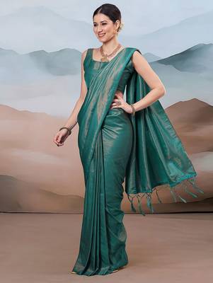 Teal ethnic woven design saree with matching blouse 2