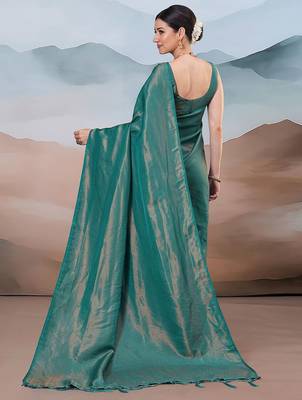 Teal ethnic woven design saree with matching blouse 3