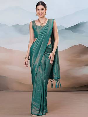 Teal ethnic woven design saree with matching blouse 4