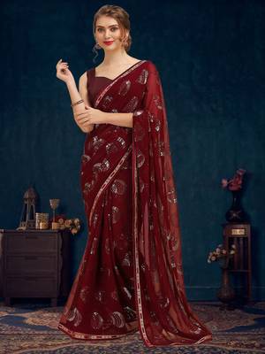 Burgundy sequence embellished pure georgette saree with unstitched blouse 1