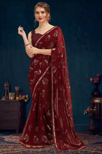 Burgundy sequence embellished pure georgette saree with unstitched blouse