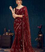 Burgundy sequence embellished pure georgette saree with unstitched blouse