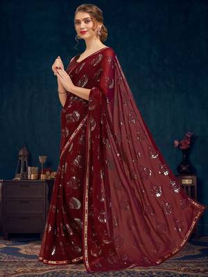 Burgundy sequence embellished pure georgette saree with unstitched blouse 2