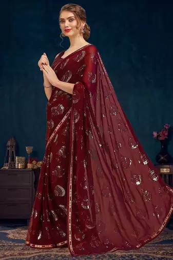 Burgundy sequence embellished pure georgette saree with unstitched blouse