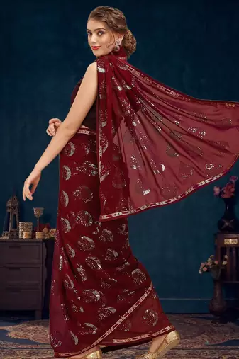 Burgundy sequence embellished pure georgette saree with unstitched blouse